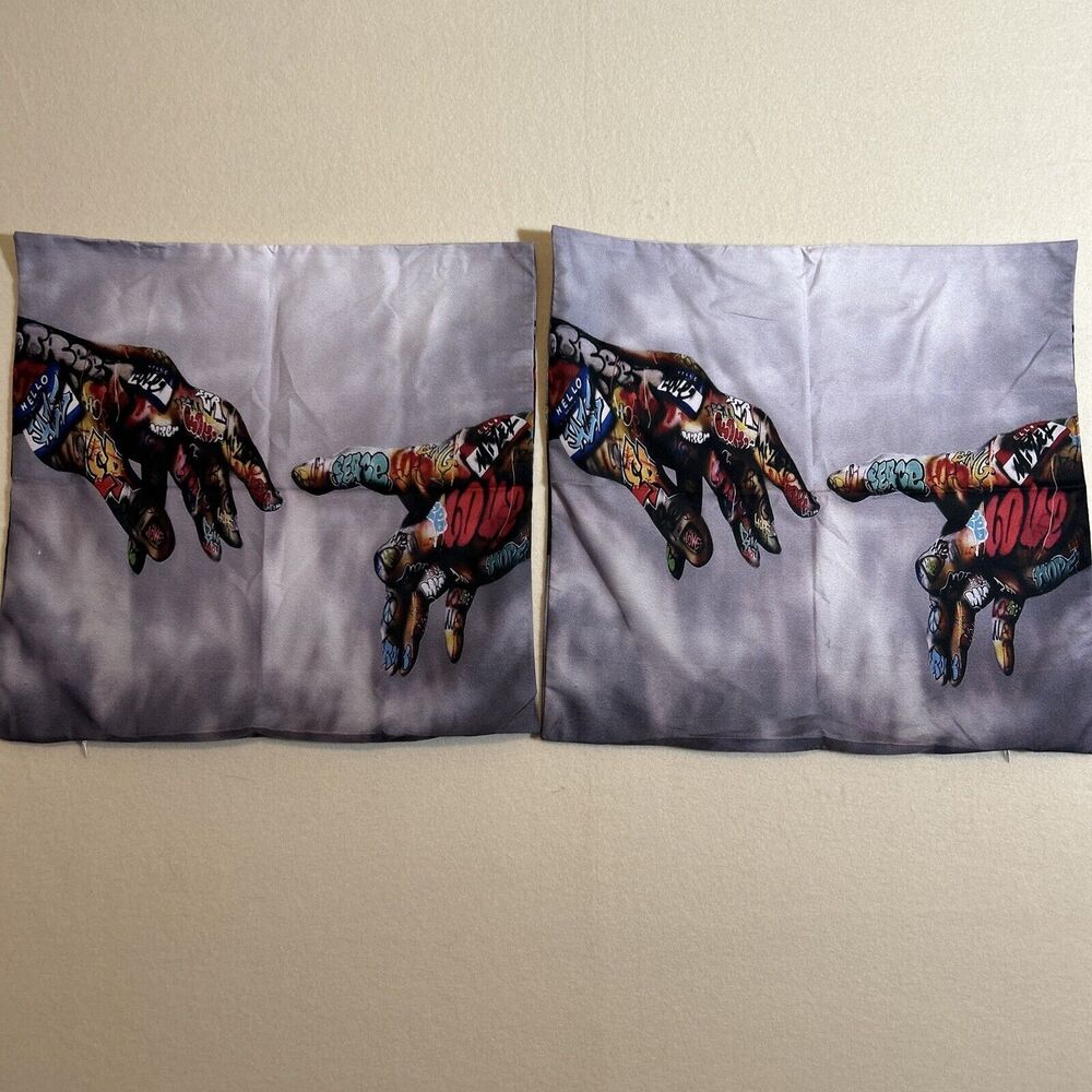Banksy [[Hands of God Creation of Adam]] Silky Throw Pillow Covers 17” Square